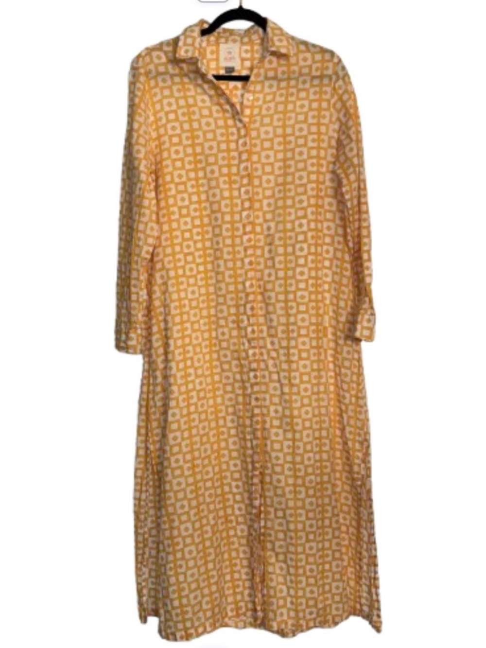 Celeste Caribbean Geometric Cotton Maxi Shirt Dress Side Slits Yellow One Size
